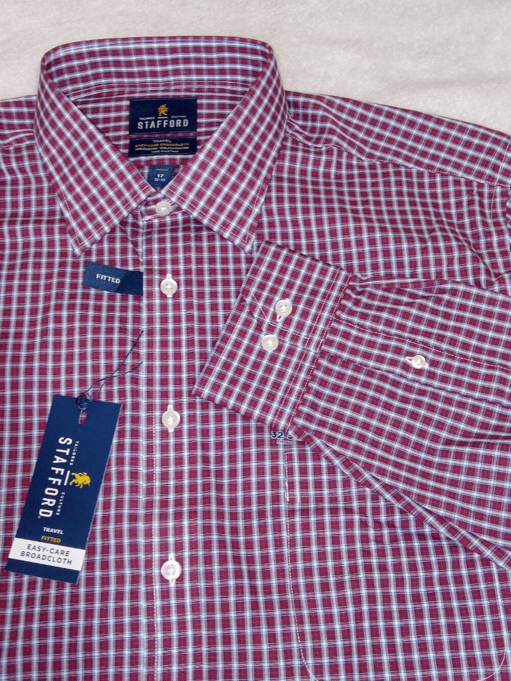 Stafford Travel Broadcloth Mens Shirt 17 32/33 Red Blue Plaid Fitted NWT